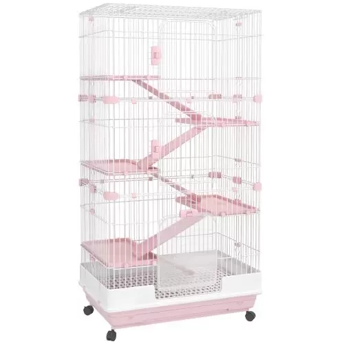 PawHut Six Tier Small Animal Cage, for Bunnies, Ferrets, Chinchillas w Wheels, Tray Pink