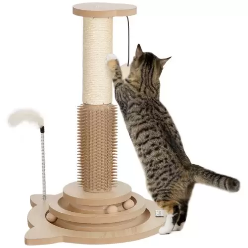 PawHut 49cm 5 in 1 Cat Scratching Post with Sisal Post, Track Ball, Self Grooming Brush, Hanging Toy Ball, Feather, Oak Tone