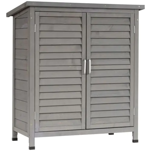 Outsunny Garden Shed Wooden Garden Storage Shed 2 Door Unit Solid Fir Wood Garage Tool Organisation Cabinet, 87L x 46.5W x 96.5Hcm, Grey