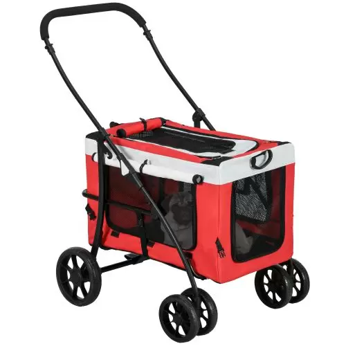 PawHut Foldable Dog Stroller, Pet Travel Crate, with Detachable Carrier, Soft Padding, for Mini, Small Dogs Red