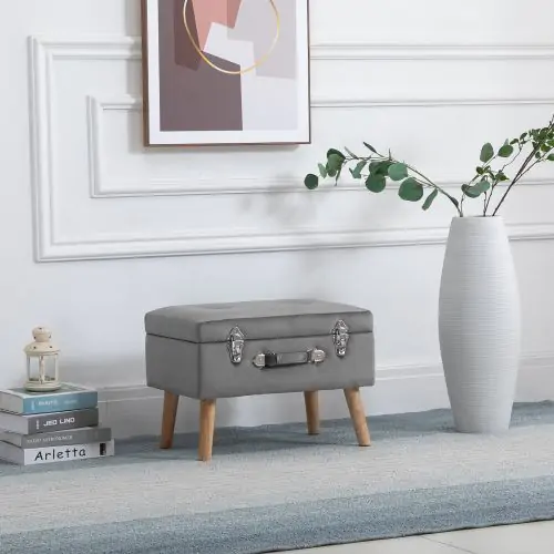  Storage Footstool Ottoma Faux Velvet Upholstered Ottoman Trunk w/ Wooden Legs Grey