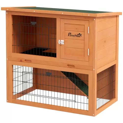 PawHut Two Tier Antiseptic Wood Rabbit Hutch, 80cm Guinea Pig Hutch with Run Orange