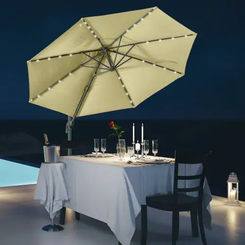  3(m) LED Cantilever Parasol Garden Sun Umbrella w/ Base and Solar Lights Beige