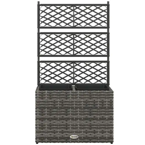 Outsunny 22L Garden PE Rattan Planter with Trellis, Free Standing Flower Raised Bed with Two Plant Boxes for Garden, Garden Planter for Climbing Plants, 57cm x 30cm x 107cm, Mixed Grey