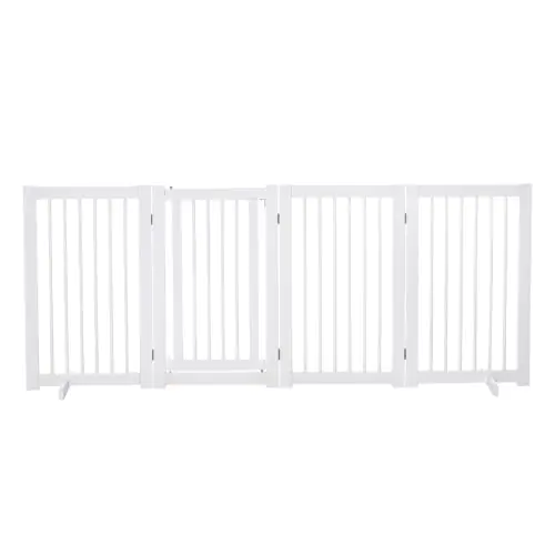  Wooden Freestanding Pet Gate 4 Panels 91cm Foldable Dog Fence w/ Support Feet