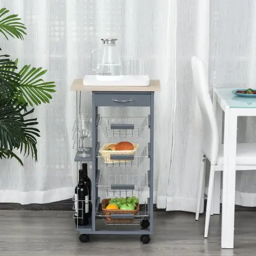  Multi-Use Kitchen Island Trolley w/ 4 Baskets 2 Side Racks Drawer Worktop Dark Grey