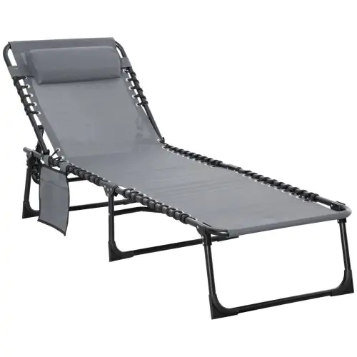 Outsunny Portable Sun Lounger, Folding Camping Bed Cot, Reclining Lounge Chair 5-position Adjustable Backrest with Pillow for Patio Beach Pool, Grey