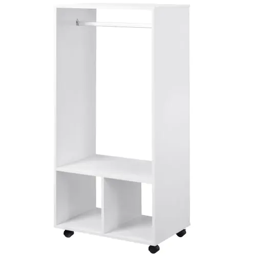  Rolling Open Wardrobe w/ Hanging Rod Storage Shelves Closet Organizer, White