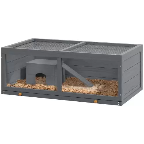 PawHut Wooden Hamster Cage with Sliding Tray, Openable Top, Hut for Syrian Hamsters, Grey