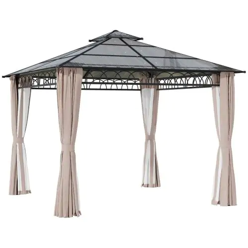 Outsunny 3 x 3 (m) Outdoor Polycarbonate Gazebo, Double?Roof Hard Top Gazebo with?Galvanized Steel Frame, Nettings?&?Curtains