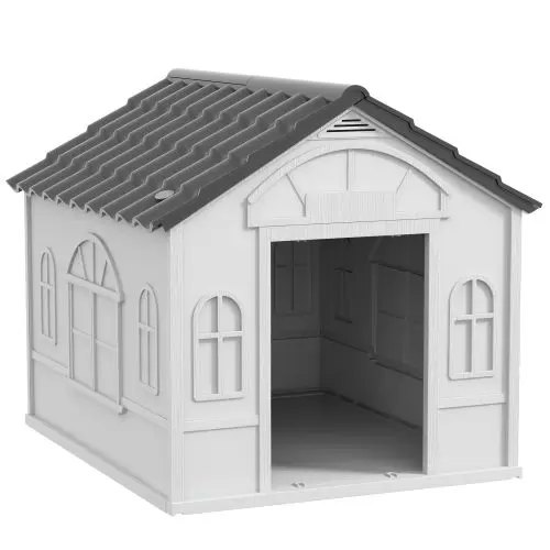 PawHut Plastic Weather Resistant Dog House, for Indoors and Outdoors, Medium Dogs Grey