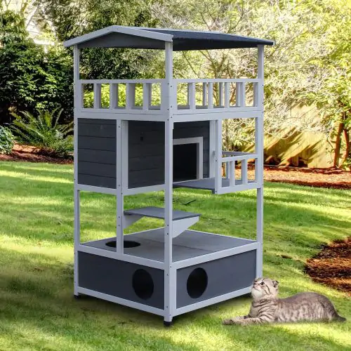  Cats Fir Wood 3-Tier Waterproof Play House Grey