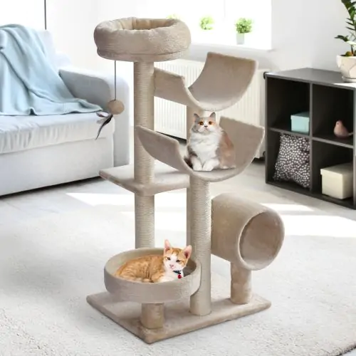  50Lx40Wx105H cm Cats 6-Tier Scratch Tree w/ Dangle Toy Beige