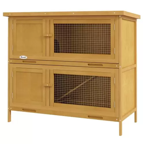 PawHut Double Decker Rabbit Hutch 2 Tier Guinea Pig House Pet Cage Outdoor with Sliding out Tray, 100 x 47 x 91cm, Yellow