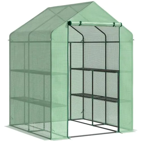 Outsunny Lean to Greenhouses with Shelves Polytunnel Steeple Green house Grow House Removable Cover 143x138x190cm, Green