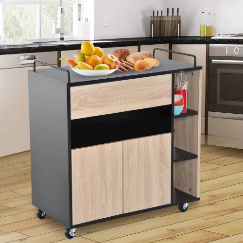  Rolling Kitchen Island, 76.5Wx40Dx82H cm-Oak/Black Colour