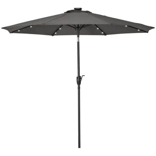 Outsunny Garden 24 LED Light Parasol Outdoor Tilt Sun Umbrella Patio Club Party Event Manual Sun Shade w/ Hand Crank Grey