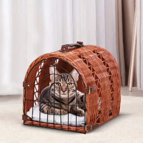  Cats Medium Portable Wicker Pet Travel Carrier Natural Tone