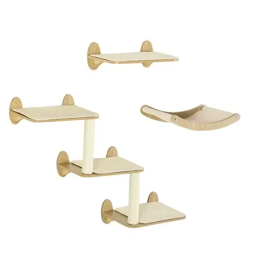 PawHut 3PCs Wall Mounted Cat Shelves, with Jumping Platforms, Hammock, Scratching Post Oak Tone