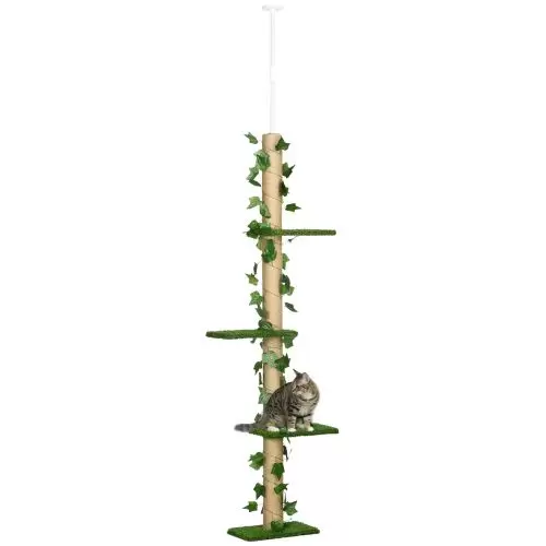 PawHut 242cm Adjustable Floor To Ceiling Cat Tree, with Artificial Decoration, Perches, Anti Slip Kit Green