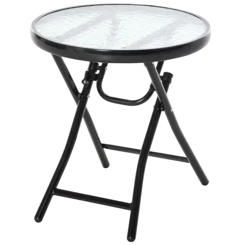 Outsunny Foldable Garden Table, Round Folding Table with Glass Tabletop and Safety Buckle for Patio, Garden, Outdoor, Indoor, Black