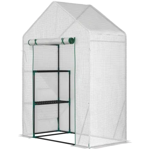 Outsunny Greenhouse for Outdoor, Portable Gardening Plant Grow House with 2 Tier Shelf, Roll-Up Zippered Door, PE Cover, 143 x 73 x 195cm, Green