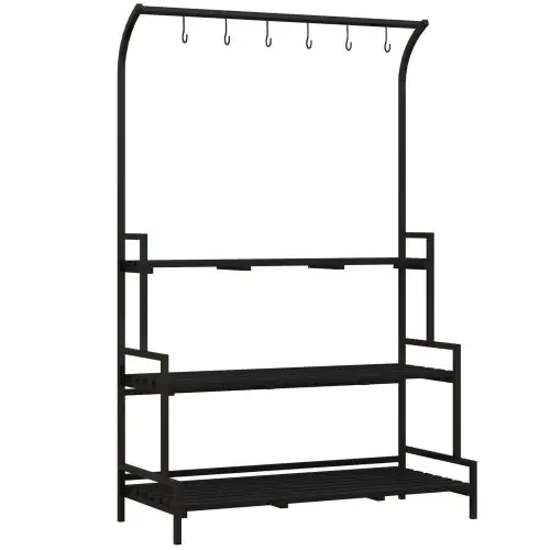 Outsunny 3 Tiered Plant Rack with Hanging Hooks, Tall Plant Stand for Indoor Outdoor Porch Balcony Use, Black