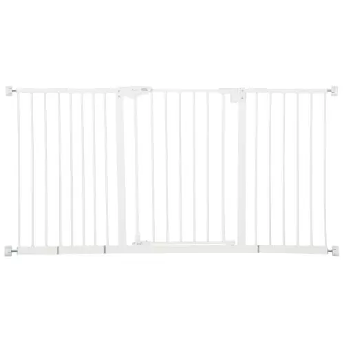 PawHut Dog Gate Stair Gate Pressure Fit Pets Barrier Auto Close for Doorway Hallway, 74 148cm Wide Adjustable, White