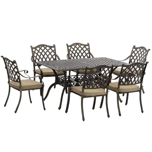 Outsunny 6-Seater Patio Dining Set with Umbrella Hole, Cast Aluminum Patio Furniture Set with Six Cushioned Chairs and Rectangle Dining Table, Bronze