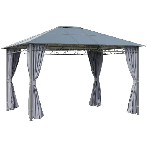 Outsunny 3.6 x 3(m) Hardtop Gazebo with UV Resistant Polycarbonate Roof, Steel & Aluminum Frame, Garden Pavilion with Curtains, Grey