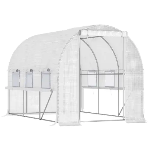 Outsunny 3 x 2 x 2m Walk-in Tunnel Greenhouse, Polytunnel Tent with PE Cover, Zippered Roll Up Door and 6 Mesh Windows, White