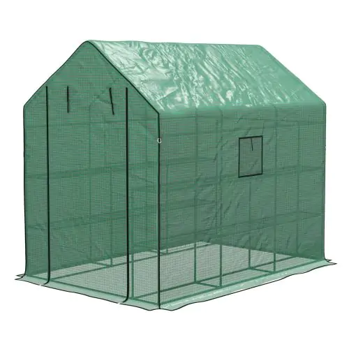 Outsunny Walk-in Greenhouse w/ 3 Tier Shelves, Green House Garden Grow House w/ PE Cover, Roll-up Door, Mesh Windows, 140 x 213 x 190cm, Green