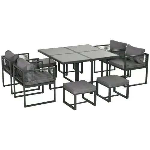 Outsunny 8 Seater Garden Dining Cube Set Aluminium Outdoor Furniture Set Dining Table, 4 Chairs and 4 Footstools with Cushion, Grey