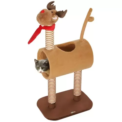 PawHut 98cm Deer Designed Cat Tree with Scratching Posts, Toy Ball, Tunnel, Brown