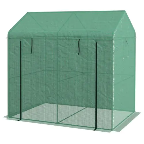 Outsunny Greenhouse, Walk-in Garden Grow House with Roll-up Door and Mesh Windows, 200 x 140 x 200cm, Green