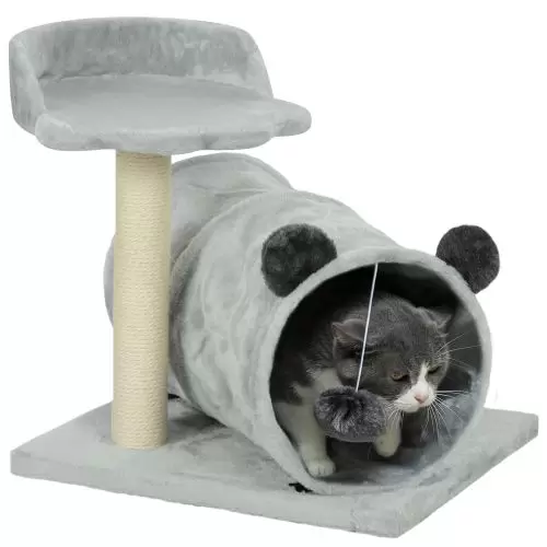 PawHut 47cm Small Cat Tree w Scratching Post, Bed, Cat Tunnel, Toy Ball, Grey