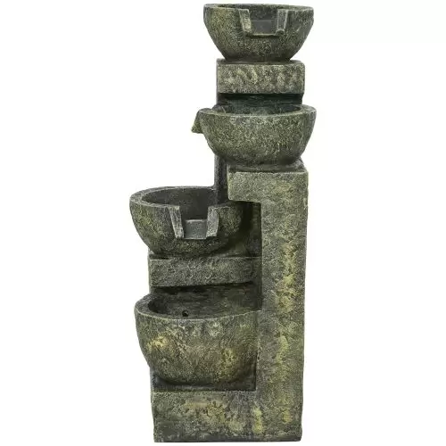 Outsunny Garden Water Feature Waterfall Fountain with 4 Tier Stone Look Bowls, Adjustable Flow, Black and Yellow