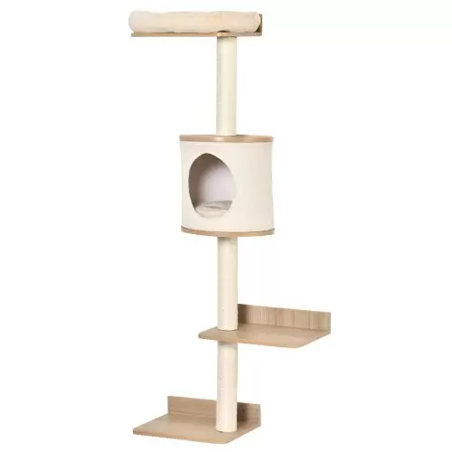 PawHut Wall Mounted Cat Tree, with Cat House, Bed, Scratching Post Beige