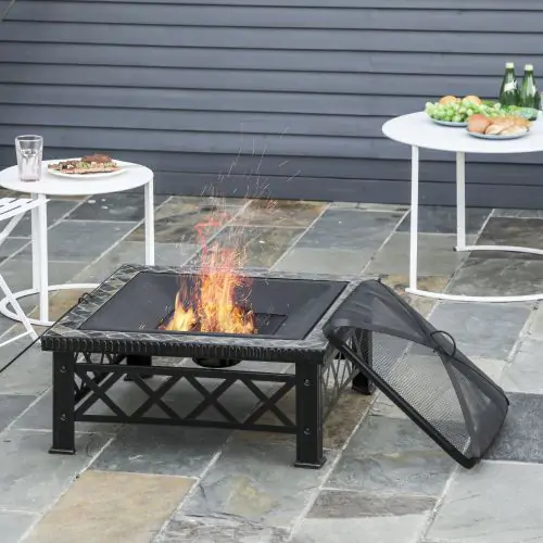 Square Garden Fire Pit Square Table Inc Grill Shelf Poker Mesh Cover Grate 76cm