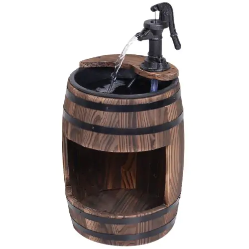 Fir Wood Barrel Pump Fountain Inc Flower Planter 32x58.5H cm 