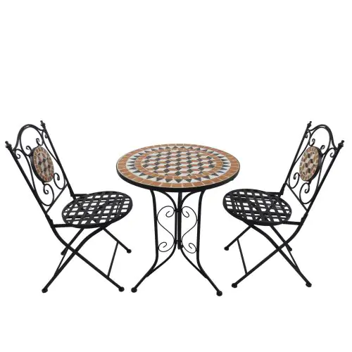 3 Pcs Mosaic Bistro Table Chairs Set Black & Orange & White 