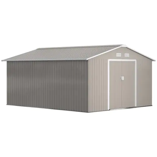 Outsunny 13 x 11ft Garden Metal Storage Shed Outdoor Storage Shed with Foundation Ventilation & Doors, Light Grey