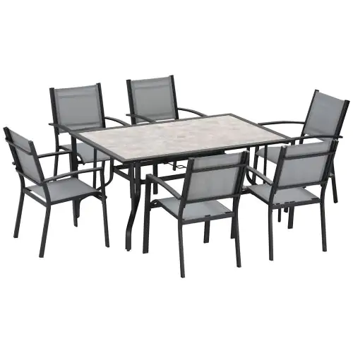 Outsunny 7 Piece Garden Dining Set, Armchairs and Table with Parasol Hole, 6 Seater Outdoor Patio Furniture with Texteline Seat for Backyard, Grey