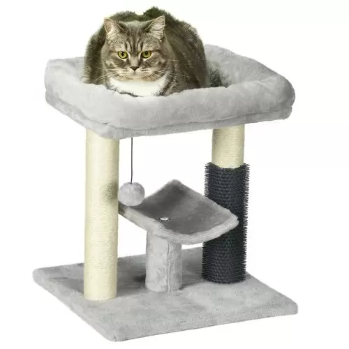 PawHut 48cm Cat Tree with Scratching Posts, Bed, Perch, Self Groomer, Toy Grey