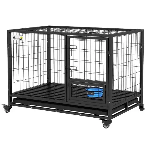 PawHut Heavy Duty Dog Crate on Wheels w Bowl Holder, Removable Tray, Openable Top, Detachable Door, for L, XL Dogs