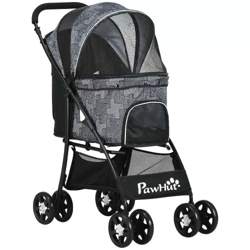 PawHut Foldable Pet Stroller for Dogs, Puppy Stroller, with Large Carriage, Brakes, Canopy Grey