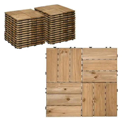 Outsunny 27 Pcs Wooden Interlocking Decking Tiles, Outdoor Flooring Tiles for Patio, Balcony Terrace Hot Tub 30 x 30 cm per Piece 2.5? per Pack Brown