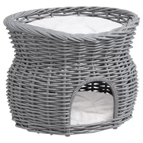 PawHut 2 Tier Wicker Cat House Elevated Pet Bed Basket Willow Kitten Tower Pet Den. with Washable Cushions 56x37x40cm Grey