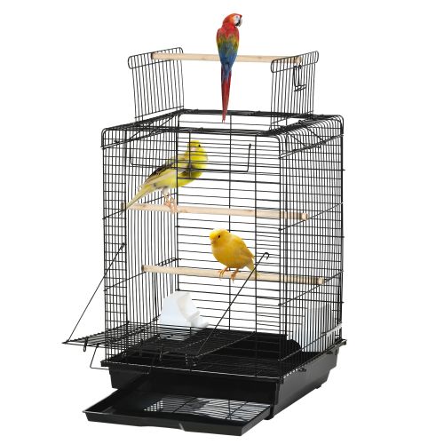 PawHut Steel Bird Cage with Openable Top, Stand, Tray, Handles, Feeding Bowls for Parakeet, Finch Black