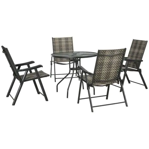 Outsunny 5 Pcs Rattan Dining Sets Garden Dining Set w/ PE Rattan Folding Armchair, Round Glass Top Dining Table with Umbrella Hole, Mixed Grey